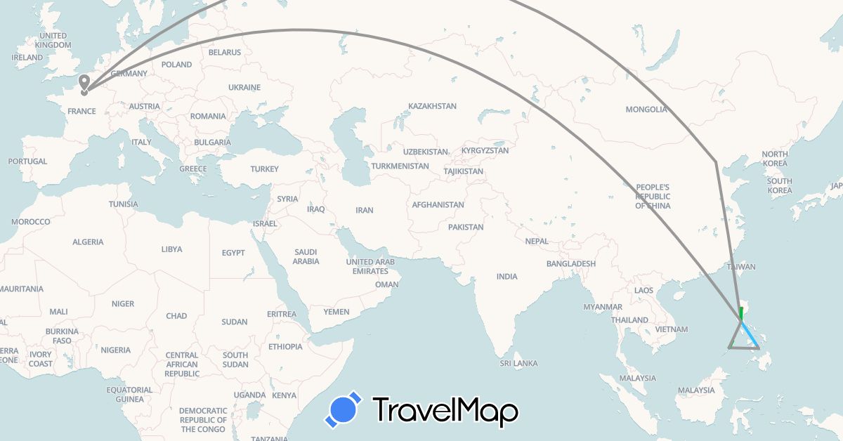 TravelMap itinerary: bus, plane, hiking, boat in China, France, Philippines (Asia, Europe)